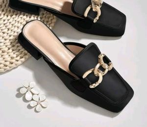Black Mules with Gold Detail