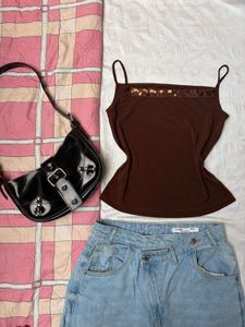 Y2K Brown Embellished Camisole Top