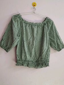DNMX printed off shoulder Checkered Top