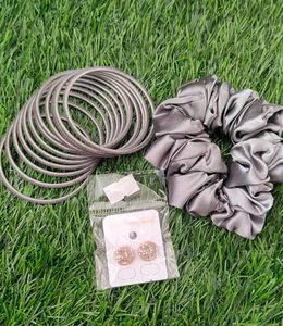 Blue Bangles, Scrunchie &amp; Stud Earrings Set