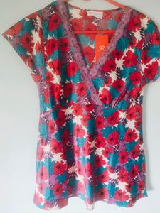 Floral Print Top with Lace Trim Night Suits....
