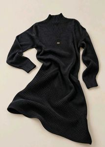 BLACK KNITTED HIGH NECK LONG SLEEVE BODYCON DRESS