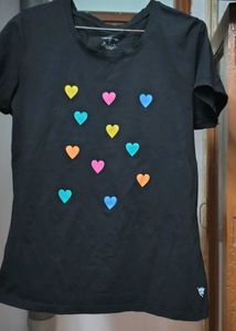 Black T-Shirt with Heart Embellishments