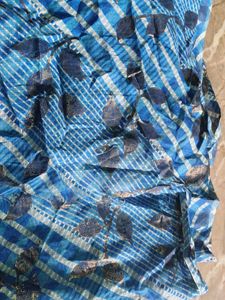 4 mtr Blue Striped Fabric with Leaf Design