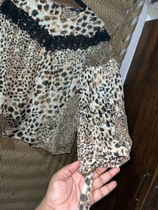 Leopard Print Lace Trim Long Sleeve Top