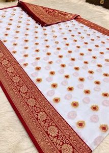 Elegant White Saree with Gold &amp; Red Border Gauti Z