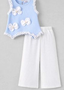 Girls Premium Ribbed Co-Ord Set | Cute Flower Appl