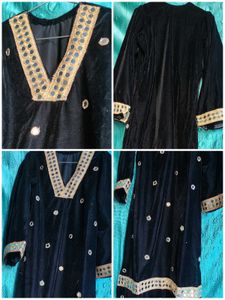 Elegant Black Velvet Kurta with Mirror Work stitch