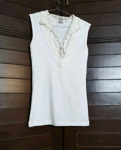 White Lace Trim  Cotton Sleeveless Top