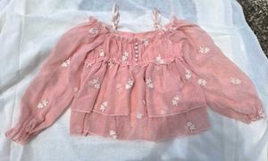 Korean Style Pastel Pink Floral Embroidered top