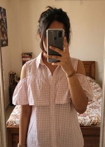 Cute Cold Shoulder Checkered Blouse