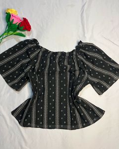 Black Off-Shoulder Blouse with White Print