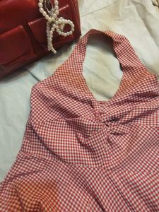 Gingham Print Halter Neck Midi Dress