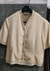 Cream Premium Crop Baggy Shirt And Twret Shir