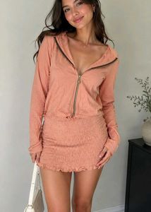 Peach Smocked Mini Skirt &amp; Hoodie Set