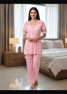Chic Pink Lace Trim Pajama Set