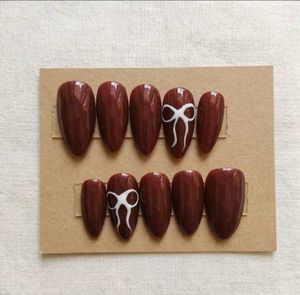 baddie Maroon Press-On Nails with Bow Accent