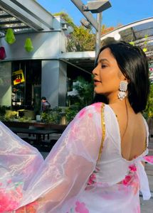 Pink &amp; White Floral Organza Saree 💕