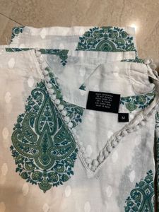 White Kurta Set with Green Paisley Print