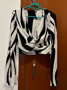 V-Neck Twisted Zebra Print Flared Sleeve Top
