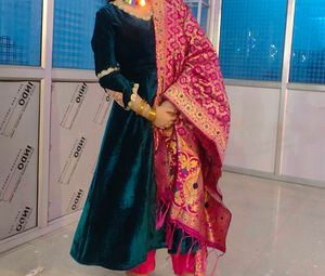 Elegant Ethnic velvet anarkali with bnarsi Shawl
