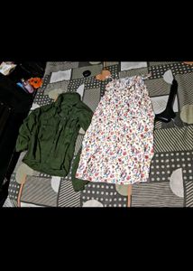 Floral Print A-Line Dress with Olive Shirt