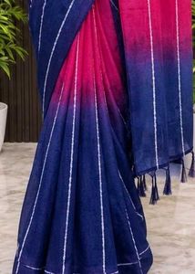 Ombre Blue & Pink Saree with White Stripes