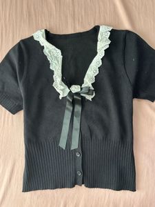coquette Black Button-Up top with Lace Trim
