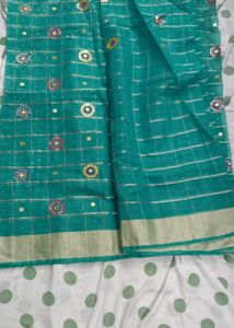 Beautiful Teal Saree with Mirror Work