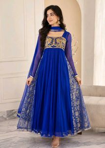 Royal Blue Anarkali Gown with Gold Embroidery
