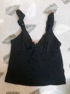H&M pointelle knit ruffle strap tie back top