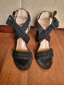 Suede Black Chunky Heels Wedges