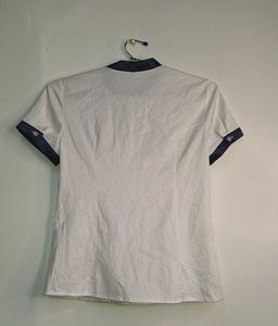 Professional White Blouse with Navy Necktie Trim