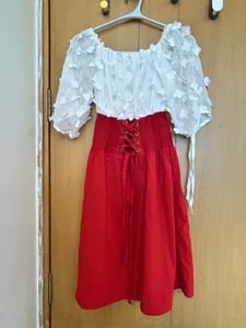 Chic White &amp; Red Off-Shoulder Dress