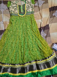Elegant Green &amp; yellow toned shining anarkali ku