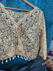 Designer Gold Lace Blouse with Teal Skirt