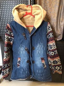 Cozy Denim Jacket with Tribal Print Sleeves