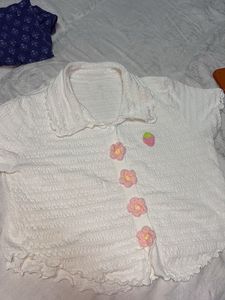White Textured Crop Top with Flower Details