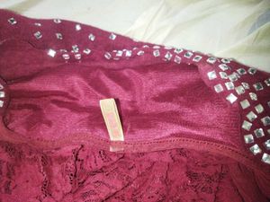 Maroon Embellished V-Neck Top