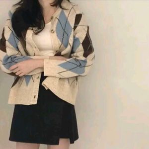 Argyle Beige Light Academia Knit Cardigan