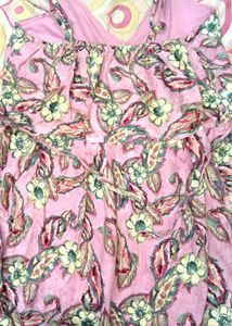 Pink Floral Print Kurti with Lace Trim