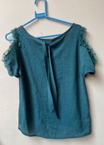 Teal Ruffle Cold Shoulder Cut Top