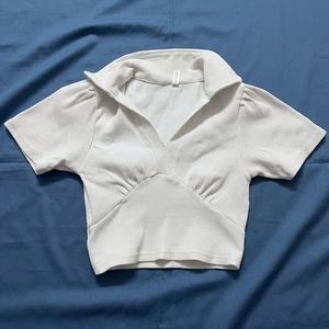 Cream Ribbed Cropped Collared Top