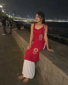Red Ethnic Kurti with Gold Print & Tie-Up Straps