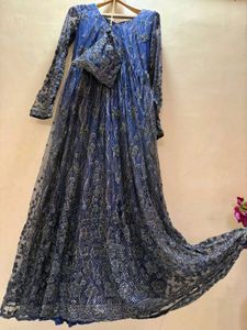 Elegant Blue crystal work Gown with Clutch
