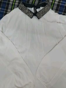 Chic White Blouse with Embellished Collar