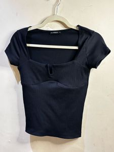Chic Black Ribbed Square Neck Top