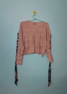 Cute Pink Lace-Up Sleeve Sweater