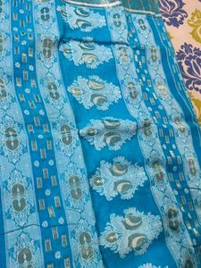 Elegant Blue tant Saree with Gold Border