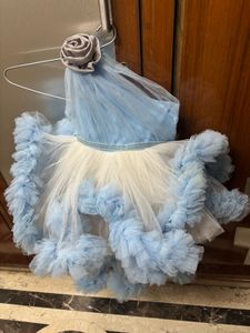Baby Blue Ruffle Party Dress with a trail